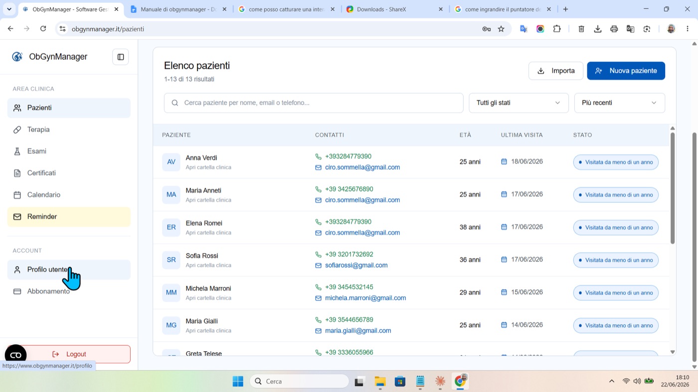 Richiami e continuita in ObGynManager, schermata 1