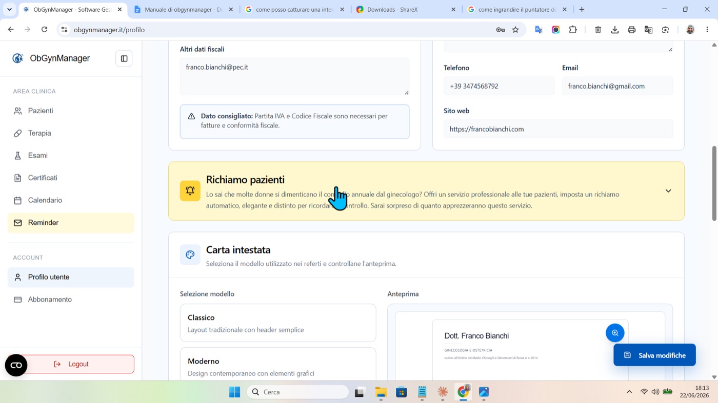 Impatto economico in ObGynManager, schermata 1