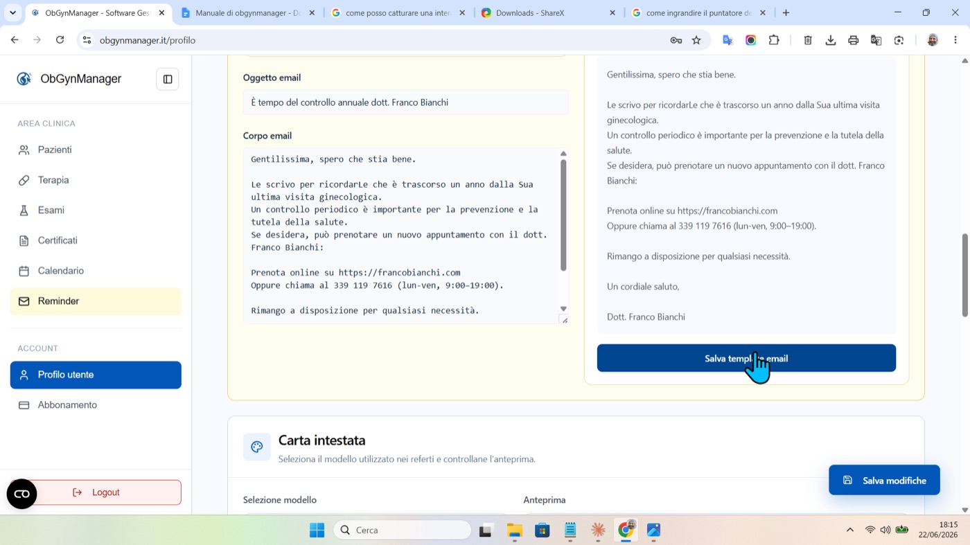 Collegamento con la configurazione dello studio in ObGynManager, schermata 1