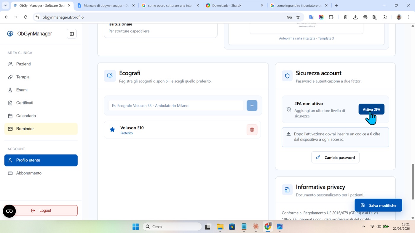 Un documento sempre pronto in ObGynManager, schermata 1