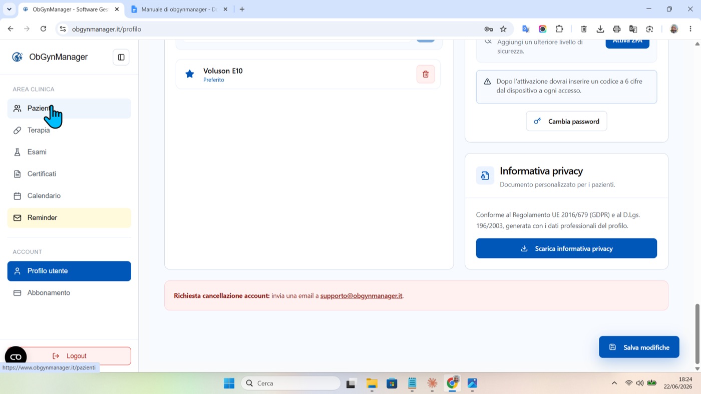 Preparare il database in ObGynManager, schermata 1