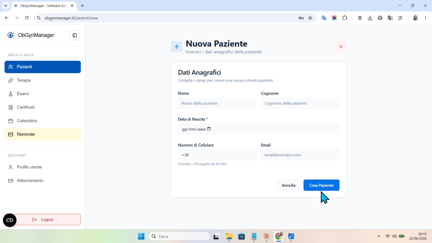 Collegamento alla paziente in ObGynManager, schermata 1