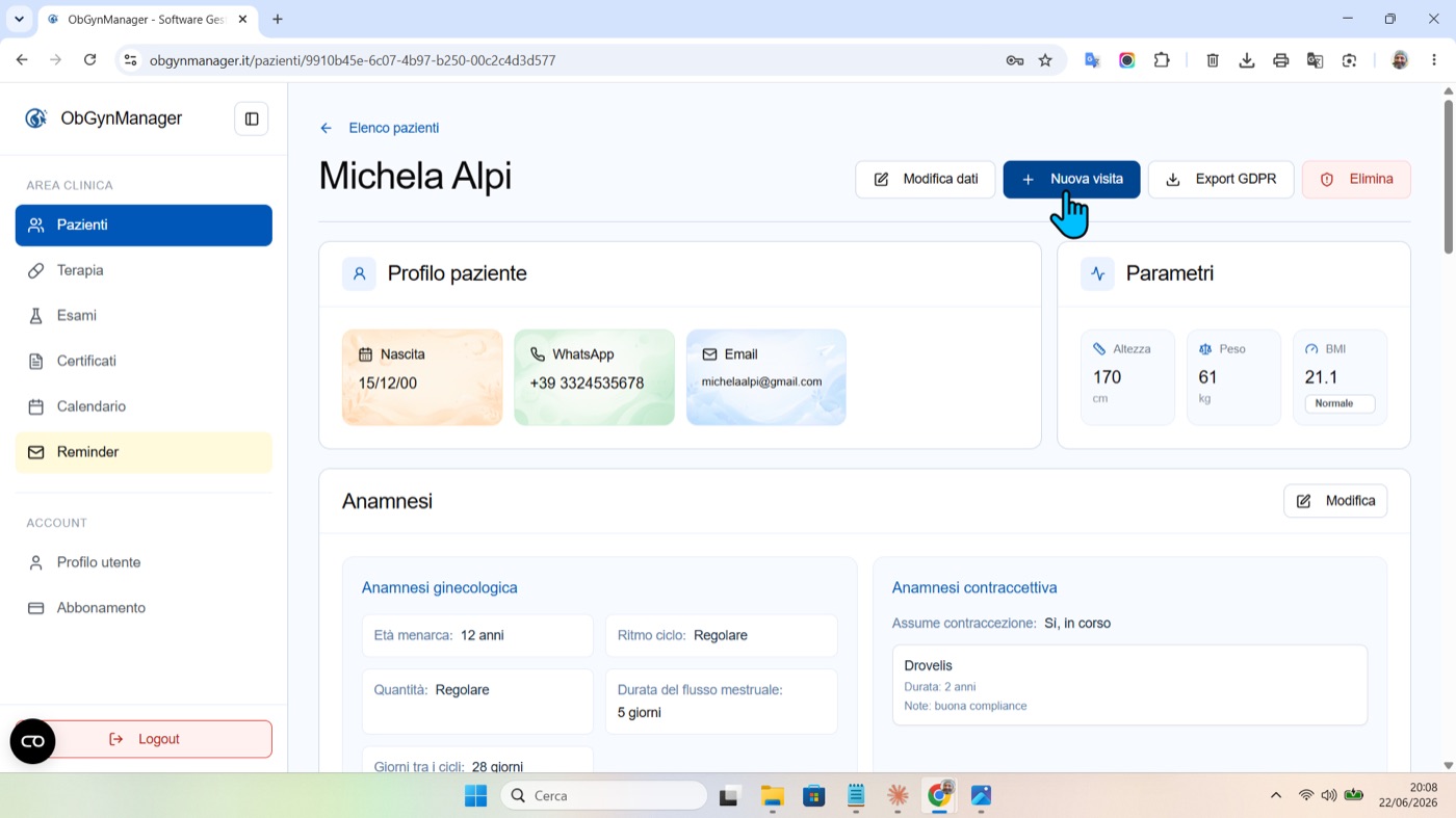 Dal dato clinico al documento in ObGynManager, schermata 1