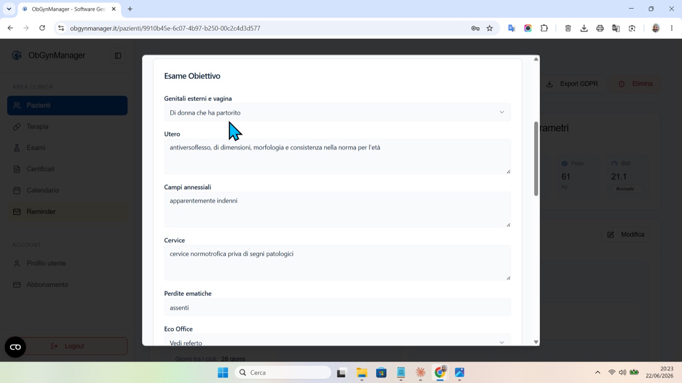Inserimento automatico nel referto in ObGynManager, schermata 1