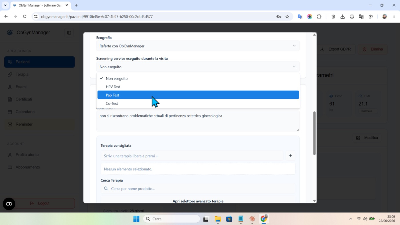Meno duplicazioni in ObGynManager, schermata 1