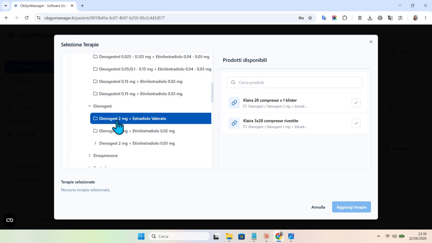 Prescrizione collegata alla visita in ObGynManager, schermata 1