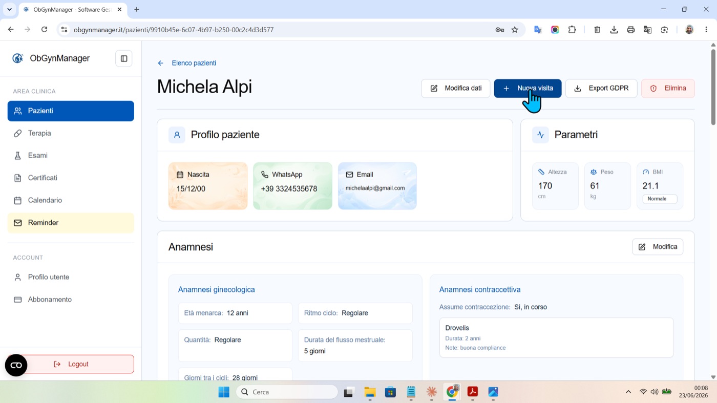 Gestione della gravidanza nel tempo in ObGynManager, schermata 1