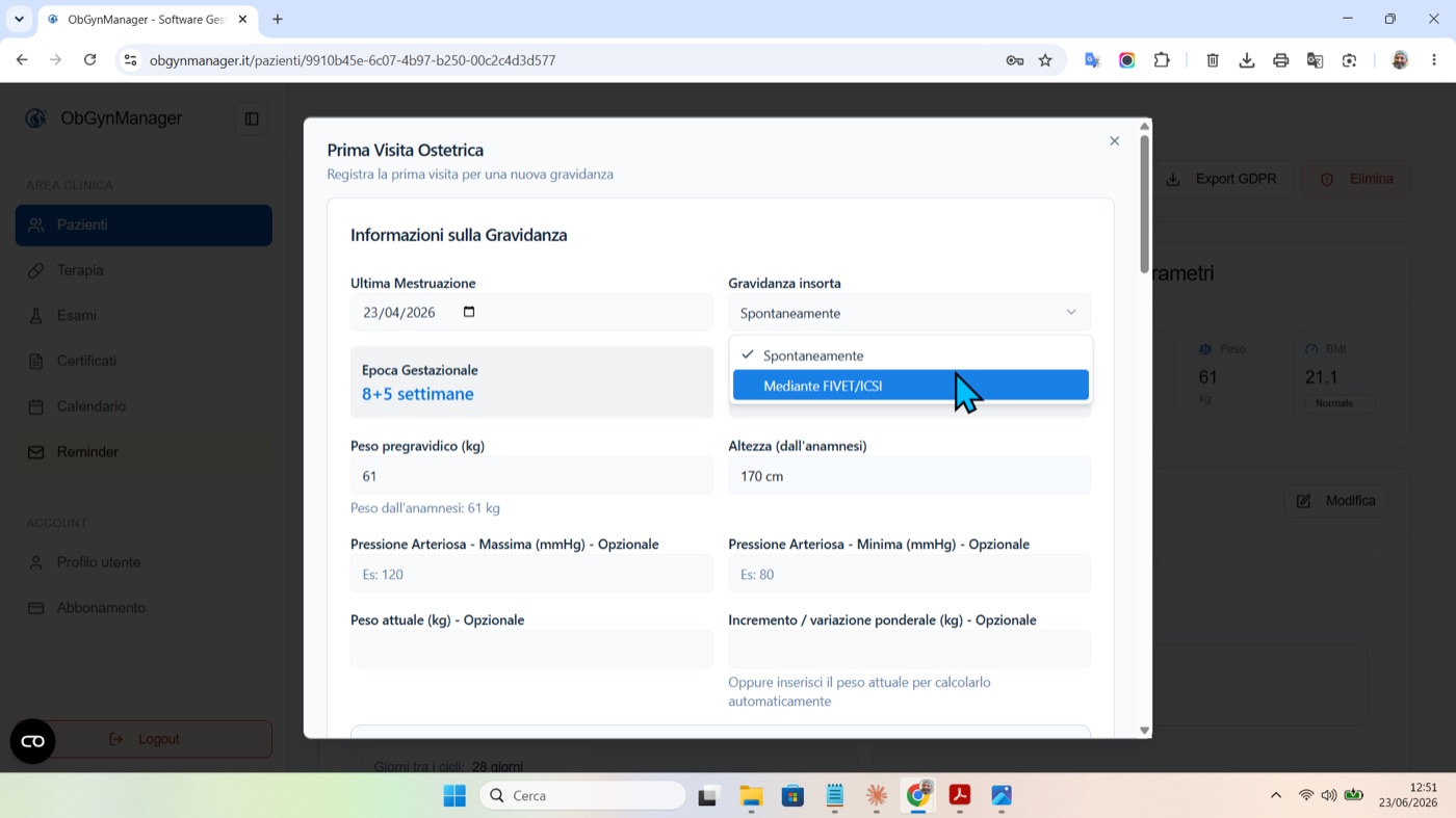 Dati riutilizzabili nelle visite successive in ObGynManager, schermata 1