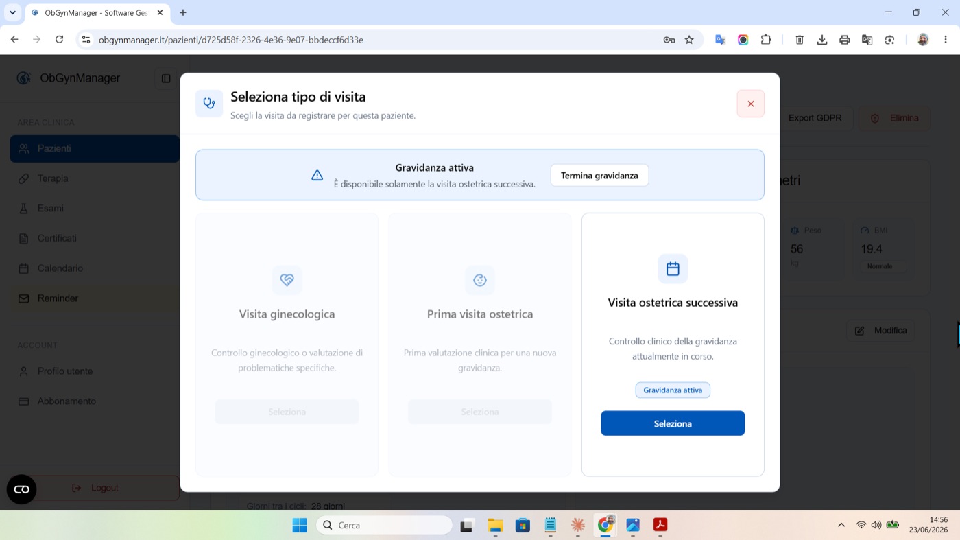 Visite successive in ObGynManager, schermata 1