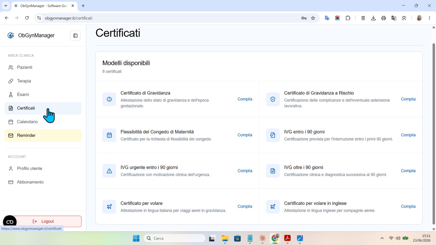 Documenti e certificati in ObGynManager, schermata 1