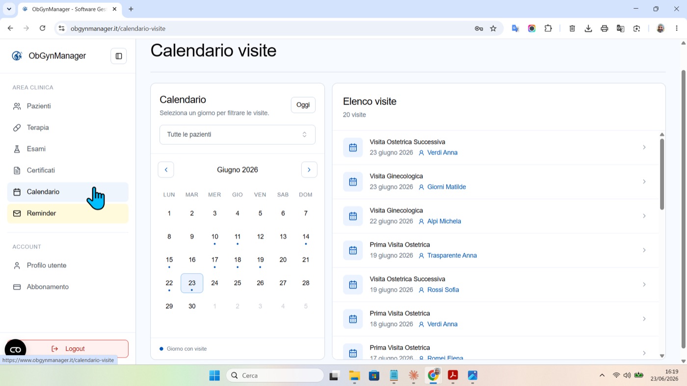 Agenda collegata alla scheda paziente in ObGynManager, schermata 1